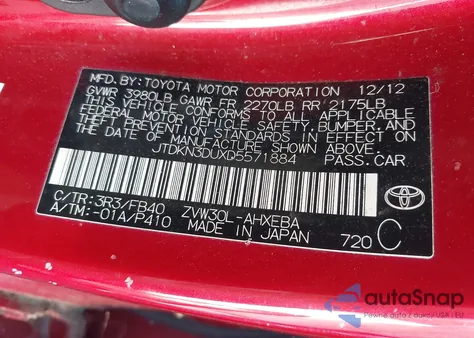 2013 Toyota Prius Two from USA, damaged, VIN JTDKN3DUXD5571884